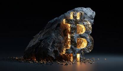 Golden Bitcoin symbol carved into a rock