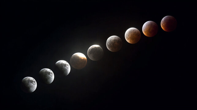 Lunar eclipse time lapse sequence showing moon phases from partial to total eclipse then back to partial