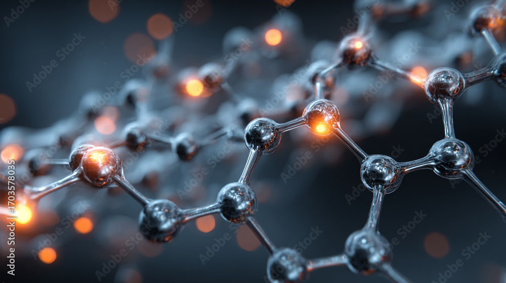 Poster microscopic view of molecule structure glowing atoms connected by bonds science technology