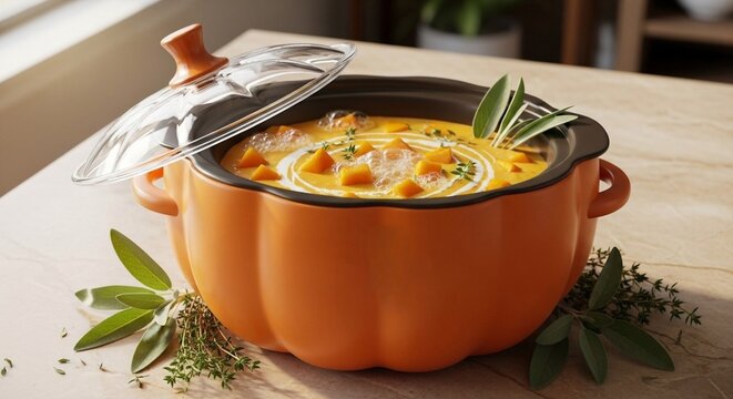 A comforting pumpkin-shaped pot holds creamy orange soup garnished with fresh herbs and diced squash, evoking cozy autumn warmth