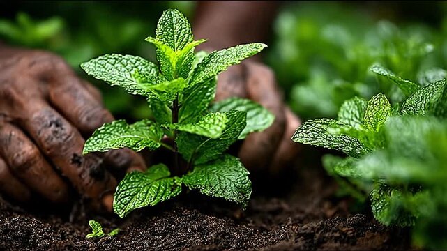Hands planting mint plant