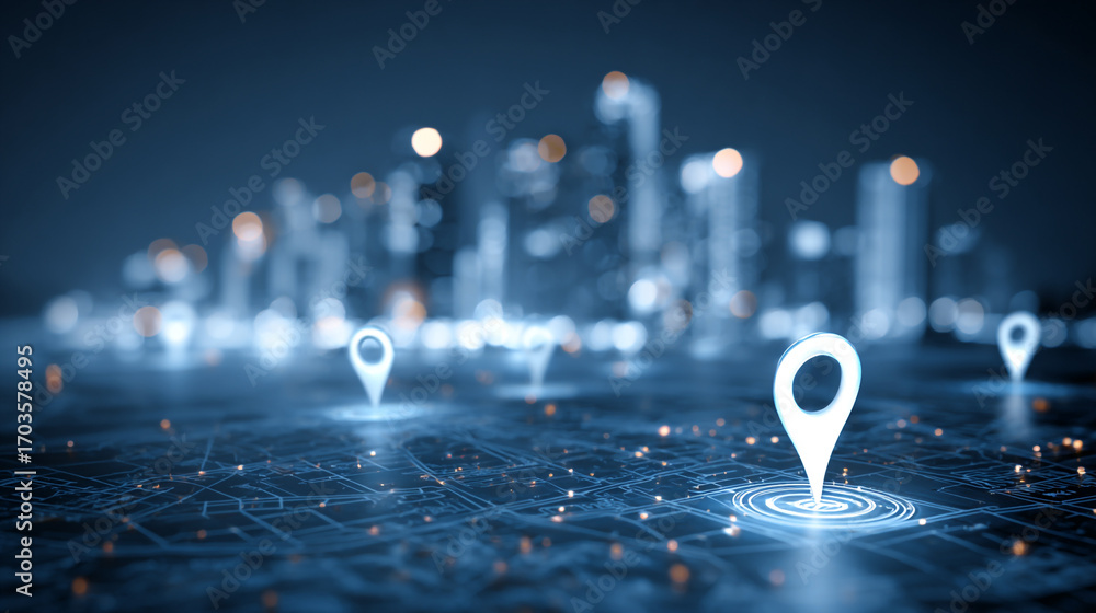 Poster glowing location pins on a digital city map at night showing navigation and geolocation