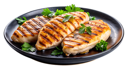 Tender grilled chicken fillets served on a dark plate on a bright white and transparent background