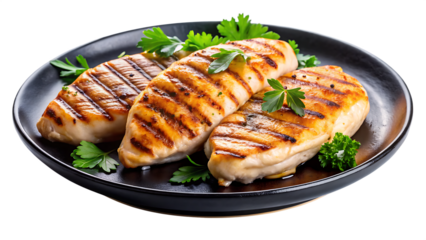 Tender grilled chicken fillets served on a dark plate on a bright white and transparent background