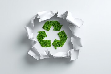 Ripped paper reveals a green recycling symbol