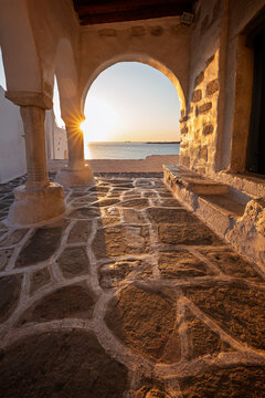 Sunset at the Agios Konstantinos (Saint Constantine) church in Paroikia (Parikia) town on Paros island in Greece.