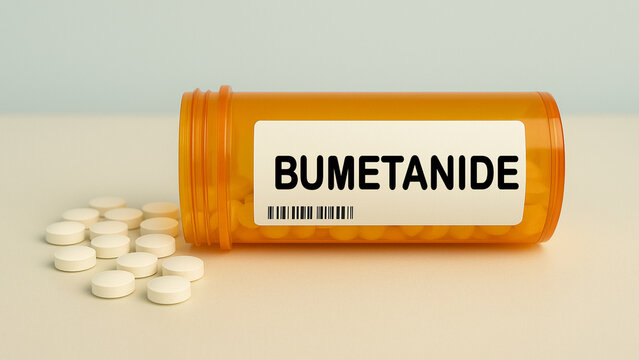 Box of BUMETANIDE tablets on a hospital pharmacy table used to reduce fluid retention a loop diuretic.