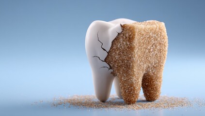 3D model of a tooth with a cracked surface, and a sugar cube in place of the tooth's interior