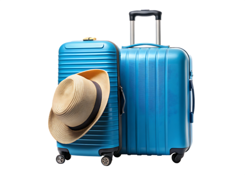 Travel-Ready Blue Luggage with Stylish Straw Hat on a bright white and transparent background - Powered by Adobe