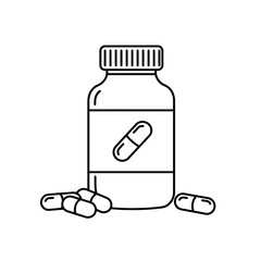 Fototapeta premium Plastic medical bottle and glass of water with pills isolated on transparent background