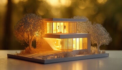 Modern house model, lit softly