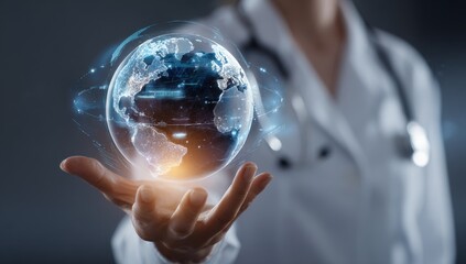 A doctor's hand holds a holographic Earth