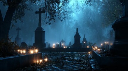 A nighttime cemetery scene. Blue tinged light illuminates numerous gravestones, with small flickering lanterns casting warm light along the ground. A misty atmosphere adds to the eerie mood. - Powered by Adobe