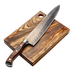 Chef Knife on Wooden Cutting Board on Transparent Background with Black Backdrop
