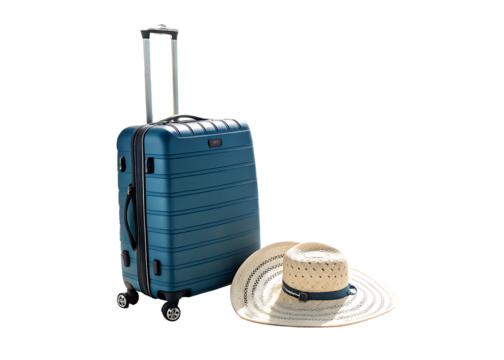 Travel-Ready Blue Luggage with Stylish Straw Hat on a bright white and transparent background