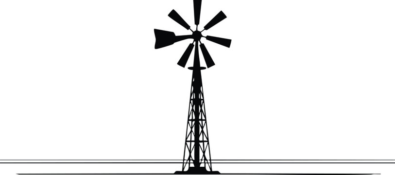 A black and white drawing features a vintage windmill standing tall in a rural landscape, evoking a sense of nostalgia and simple beauty of the countryside