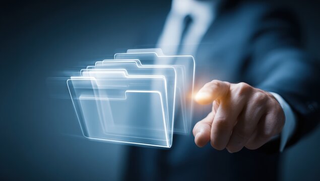 Businessman interacts with holographic folders