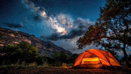 A tranquil camping scene under a night sky filled with stars and the Milky Way, showcasing an orange tent nestled amongst mountains.