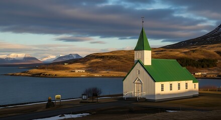Picturesque Icelandic Church Overlooking a Serene Fjord at Sunset.