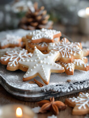 Decorated gingerbread cookies feature white icing snowflake patterns for Christmas celebration.