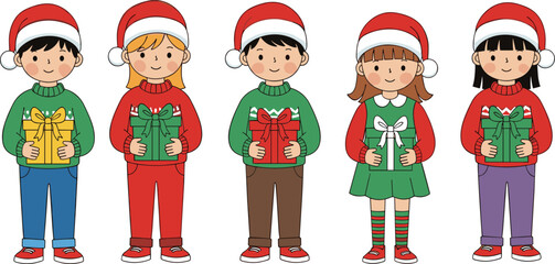 Festive children in Christmas outfits holding wrapped gifts wearing Santa hats holiday celebration vector illustration for seasonal greeting card design