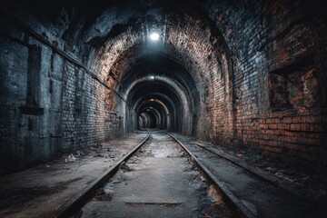 Dark, arched tunnel with railway tracks