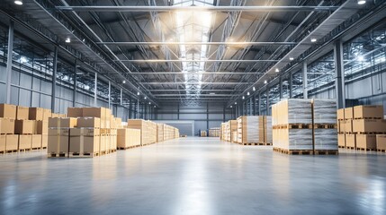 Interior of Large Storage Warehouse with Shelves Full of Goods, Showing Logistics and Warehousing Scene
