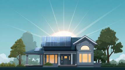 House with solar panels on roof illuminated at sunset surrounded by trees