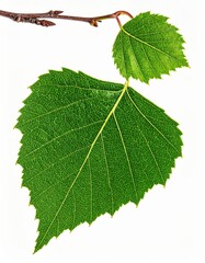 Fototapeta premium Detailed Close Up of Fresh Green Birch Leaves and Branch on White Background