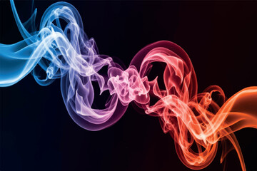 Abstract swirling smoke in vibrant blue and red colors creating a dynamic and energetic flow against a dark background