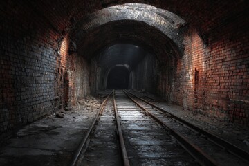 Obraz premium Abandoned brick tunnel with train tracks