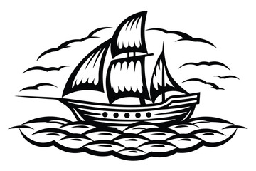 Black sailboat sails across the wavy ocean with some birds flying above