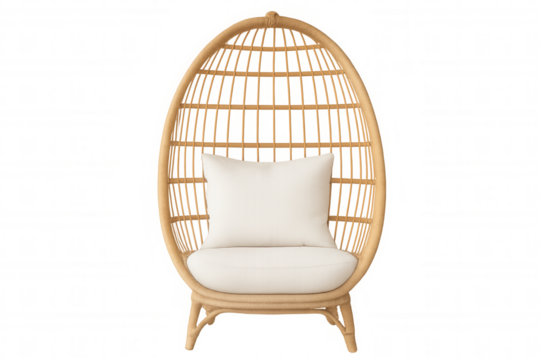 Wicker hanging egg chair with plush white cushions, providing comfortable and chic lounging solution against clean transparent background