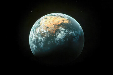A captivating view of a distant planet displaying varied landscapes and atmospheric clouds set against the cosmos