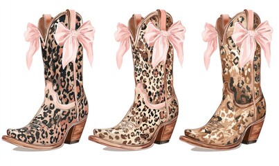 Three pairs of stylish cowboy boots are displayed, each adorned with a pink bow and a unique leopard print pattern.  The boots feature a pointed toe and a slightly heeled design