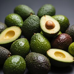 Close-up of assorted avocados (whole and halved with seeds) in green to dark brown, dense arrangement, soft side lighting, dark gray background, realistic texture details