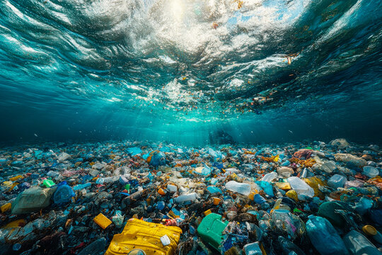 Colorful plastic waste blankets the ocean floor, contrasting against the clear blue water and sunlight filtering through the surface