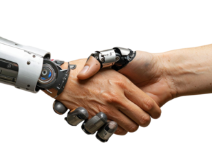 3D Robotic Hand Shaking Human Hand Isolated on Transparent Background PNG