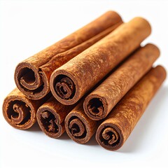 Pile of Cinnamon Sticks Rolled on White Backdrop Aromatic Flavoring Ingredient