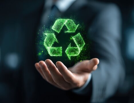 Businessperson holds a glowing, abstract recycling symbol