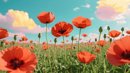 Obraz premium Vibrant orange-red poppy field with tall green stems under teal sky featuring soft yellow and pink clouds, original palette and composition, detailed floral textures, natural daylight