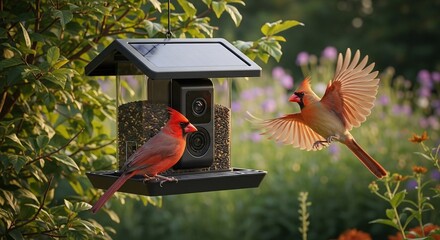 Smart bird feeder with a camera captures cardinals in autumn garden