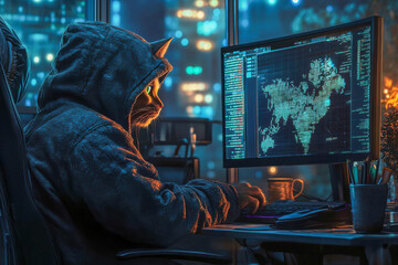 A cat dressed in a hoodie sits at a desk using a computer, illuminated by city lights through the window at night
