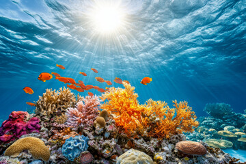 Naklejka premium A lively coral reef displays bright coral formations beneath sunlight, while schools of fish gracefully navigate through the clear water