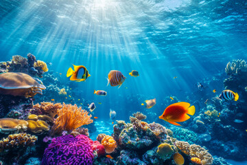 Obraz premium Brightly illuminated underwater scene showcases diverse marine life swimming among vibrant coral formations in tropical waters