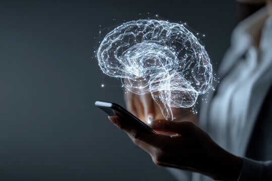 Hands holding smartphone with a holographic brain overlay