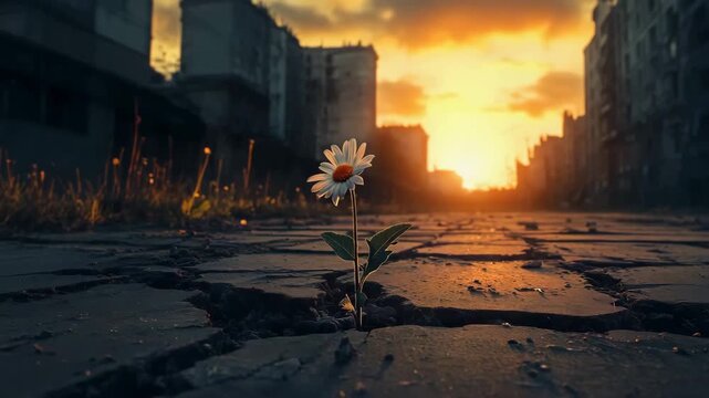 A lone flower stands tall in the middle of a city street, glowing in the sunset light.