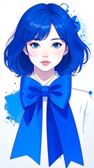 Digital portrait of a girl with blue hair and bow