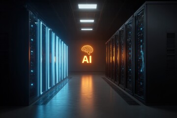Futuristic server room with AI branding