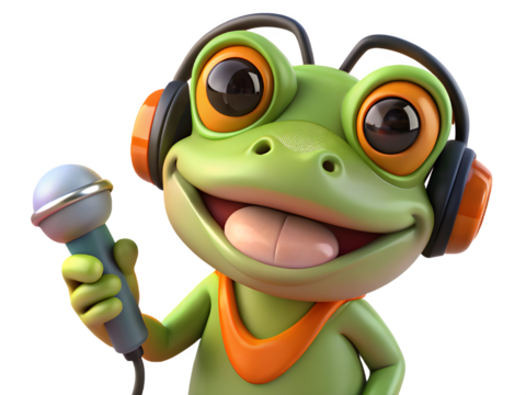 Happy cartoon frog wearing headphones and holding a microphone